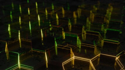 Obraz premium Illuminated Hexagonal Pattern with Neon Green and Yellow Lights..