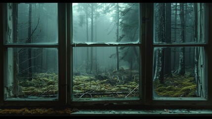 Fototapeta premium Looking out the window, a mossy forest outside in a dark and gloomy atmosphere of horror with dark green colors. Generative AI.