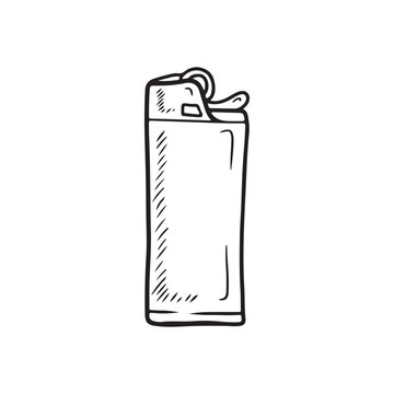 recommend clip art: Cigarette lighter with fire in black isolated on white background. Hand drawn vector sketch illustration in doodle engraved vintage line art style. Concept of smoking, heat, fire safety.