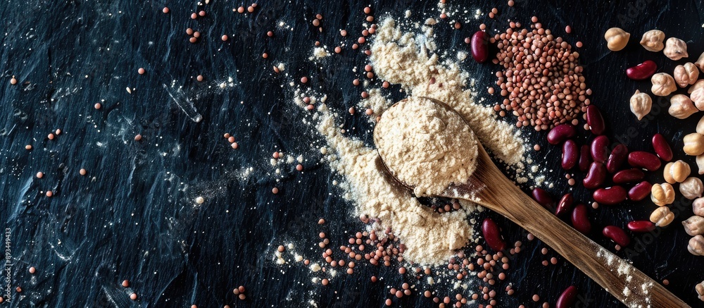 Poster top down view of a spoon resting on kidney bean flour sprinkled with brown seeds providing ample cop