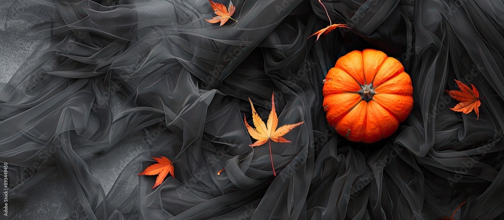 Fototapete halloween themed composition featuring a pumpkin set against a black tulle backdrop with maple leave