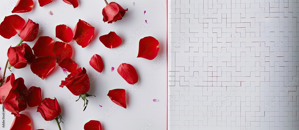 Poster Flat lay view of an open gridded notebook with scattered red rose petals on a white background featuring copy space image on the left for your text