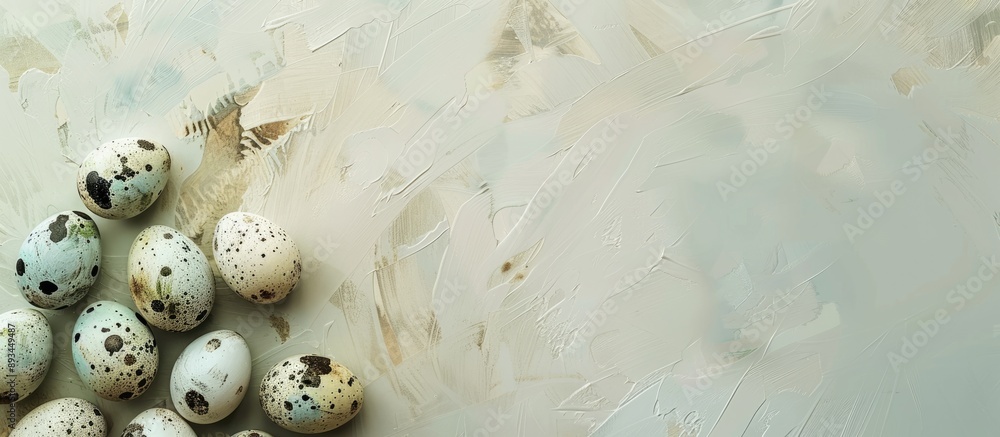Poster Easter themed postcard design featuring quail eggs nestled on a light beautiful surface with empty space for text or images. with copy space image. Place for adding text or design