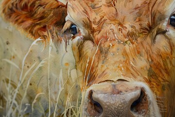 Watercolor close up of a grazing cow.