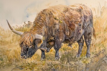 Fototapeta premium Watercolor close up of a grazing highland bull