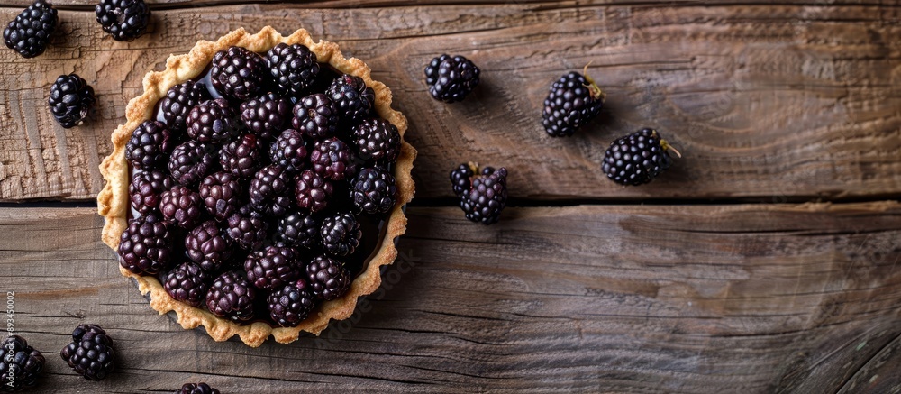 Aufkleber A tart topped with ripe blackberries displayed on a rustic wooden surface with space for text or graphics ideal for food photography or advertisements. with copy space image
