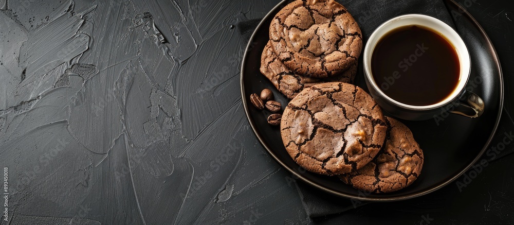 Poster chocolate cookies made at home displayed on a black backdrop with a cup of coffee in a copy space im