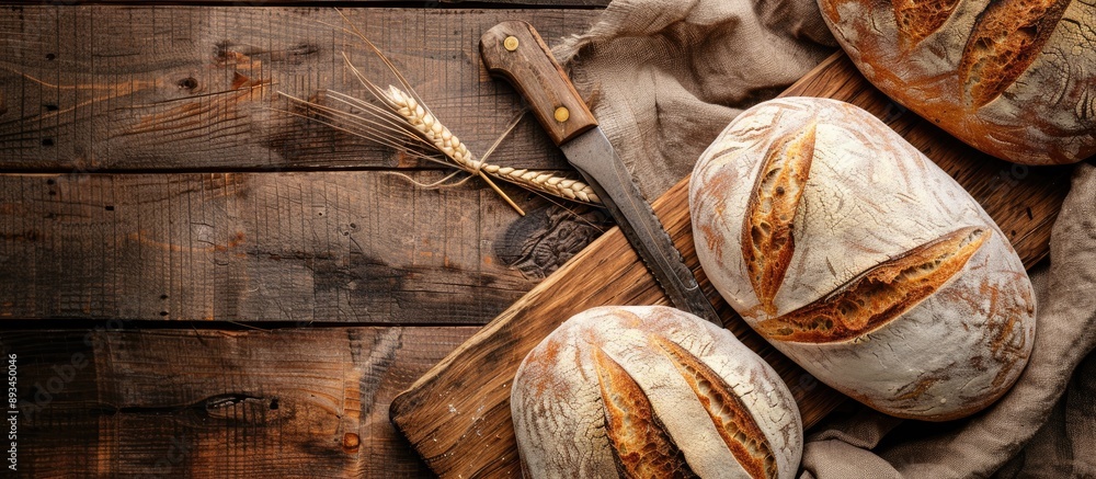 Poster an overhead view of artisan bread on a rustic wooden backdrop with a vintage knife covered by a sack
