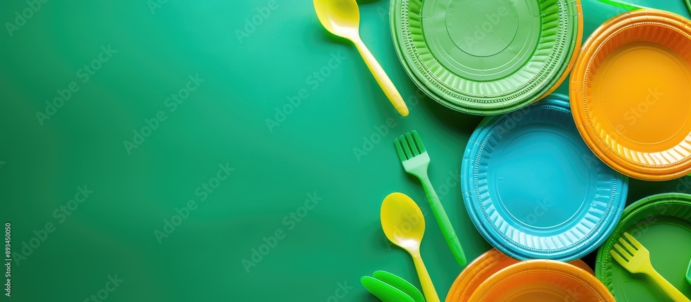 Poster vibrant plastic disposable tableware displayed on a green backdrop with copy space image for a picni