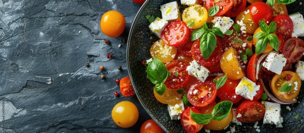 Aufkleber overhead view of a vibrant tomato salad with red and yellow tomatoes feta cheese on a stone surface 