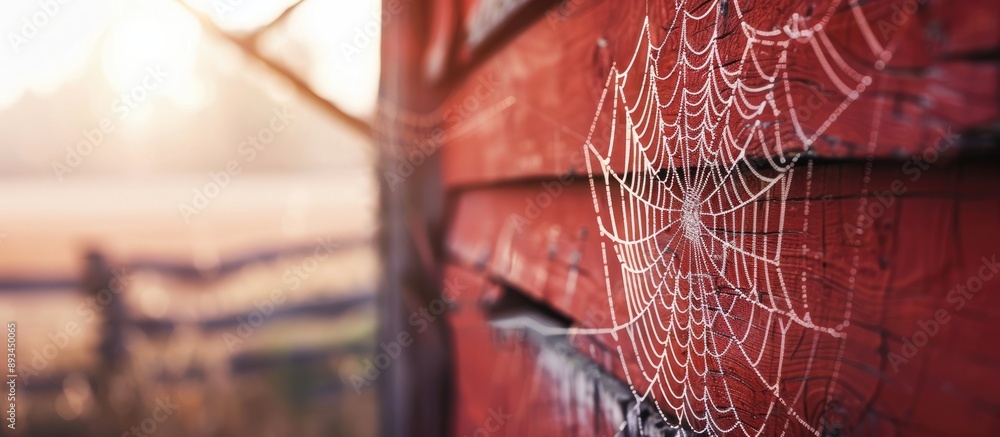 Poster Spiderweb on the barn s roof with a rustic background perfect for a copy space image
