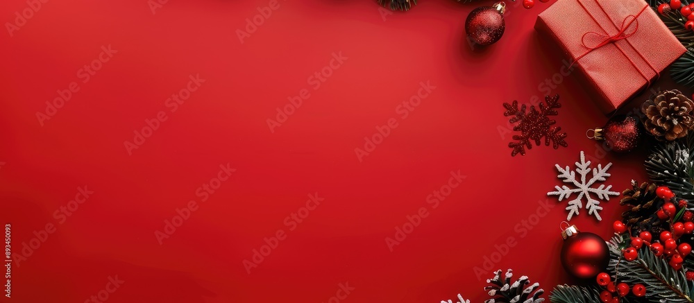Poster top view of christmas and new year decorations including a tree gift box snowflakes and bells agains