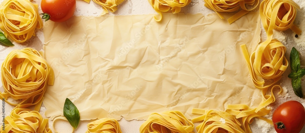 Poster tagliatelle pasta and ingredients displayed with a blank paper for copy space image
