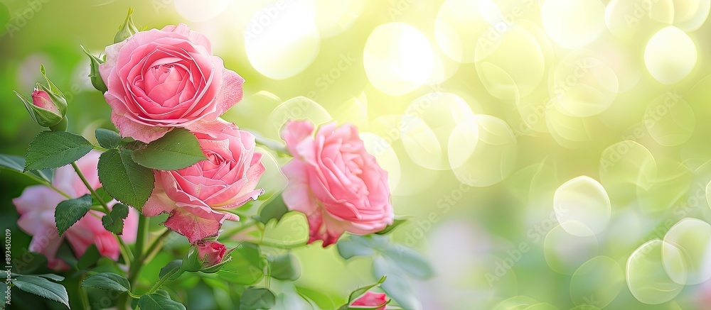 Poster pink roses beautifully displayed with a soft green blurred bokeh background ideal for a copy space i