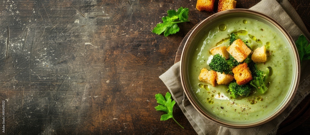 Poster a homemade healthy vegetarian food a white bowl of broccoli and cheddar cheese cream soup topped wit