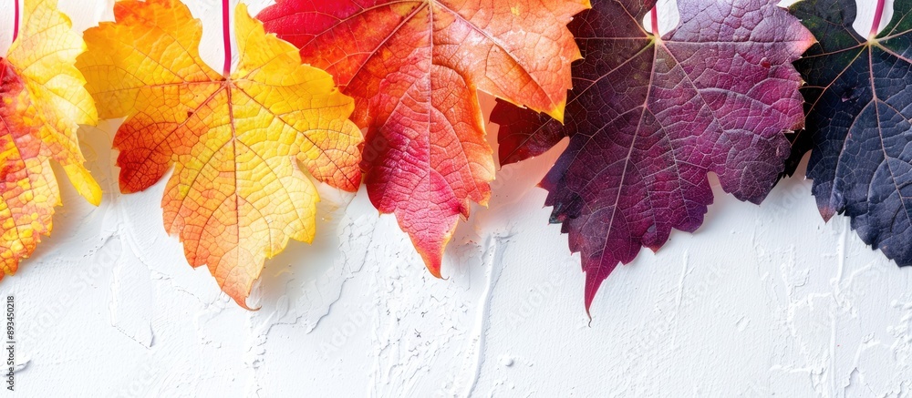 Aufkleber A close up image of girlish grape leaves in various colors on a white backdrop with copy space