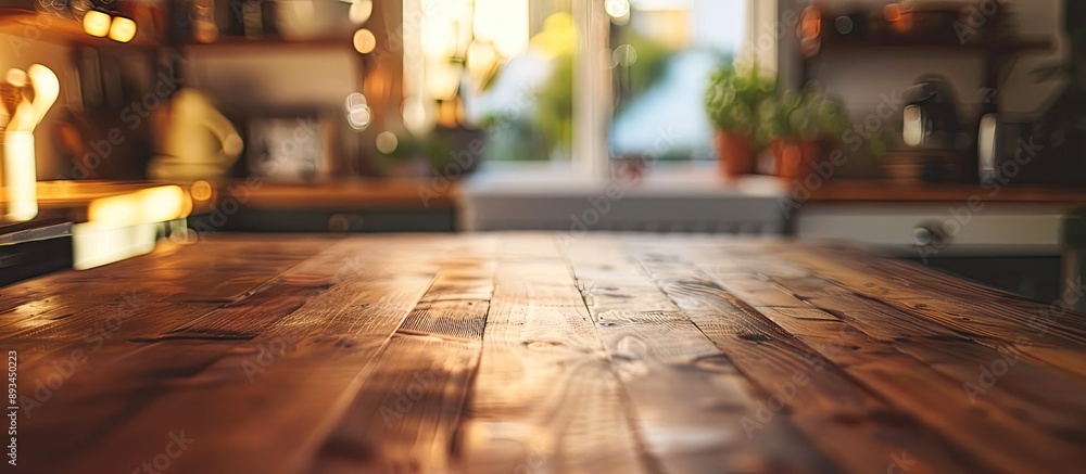 Aufkleber blurry kitchen background with table top in focus perfect for copy space image