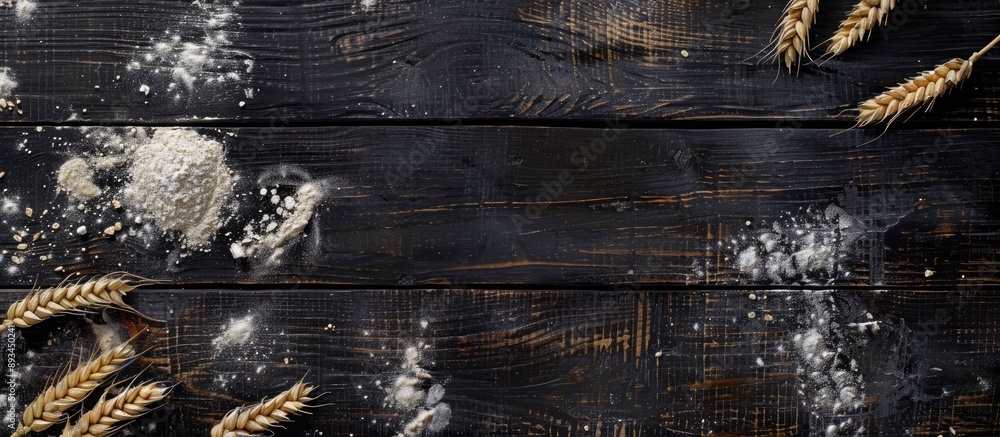 Poster dark black wooden background with wheat flour scattered providing copy space image from a top view i