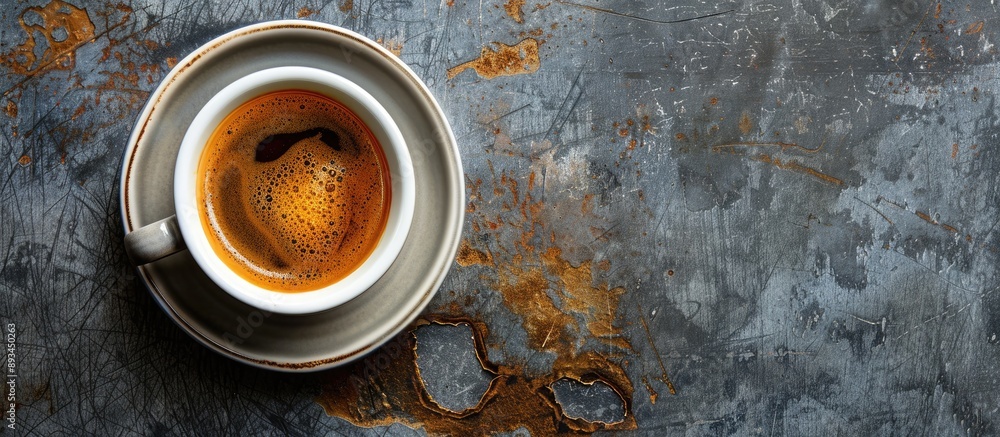 Aufkleber bird s eye view of a fresh espresso cup on a table with a spacious copy space image