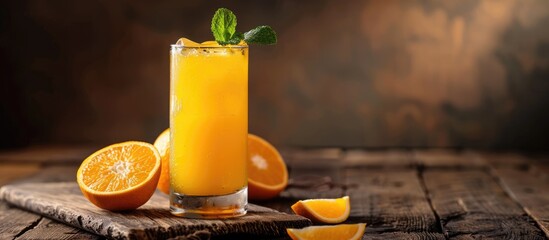 Copy space image of a refreshing cocktail with fresh orange juice placed on a rustic wooden surface