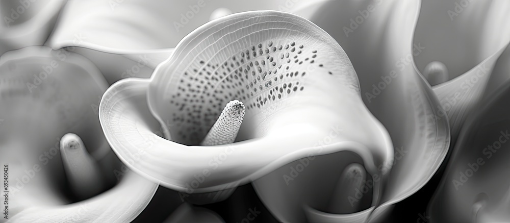 Poster Black and white macro photograph of a Calla flower with intricate details displaying grain texture when viewed at full size Copy space image