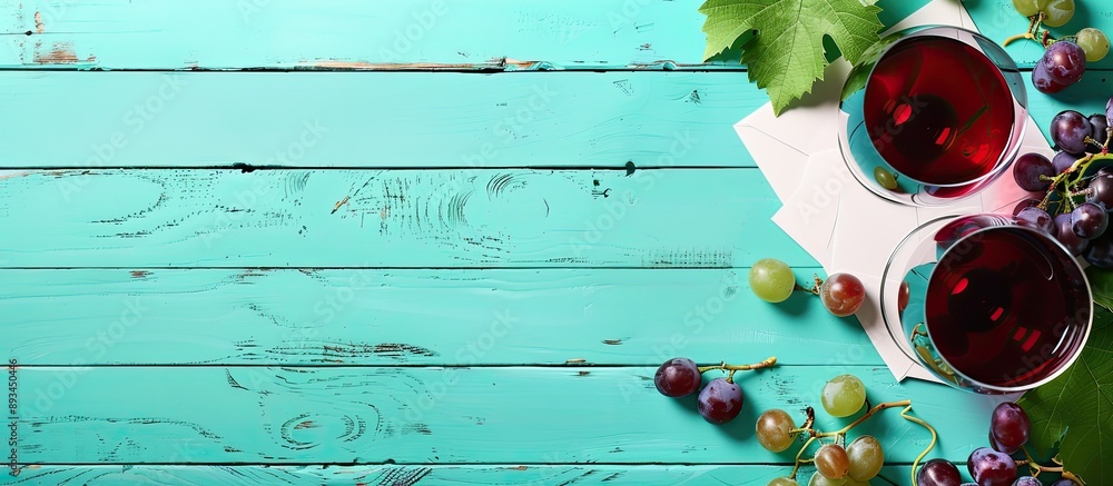 Aufkleber A colorful image capturing a glass of red wine grapes and paper on a turquoise wooden background ideal for a tasting invitation with available space for text. with copy space image