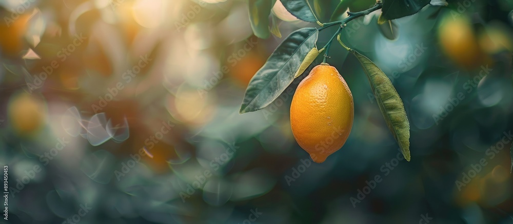 Aufkleber a small lemon hangs from a tree with a blurry background leaving room for a copy space image
