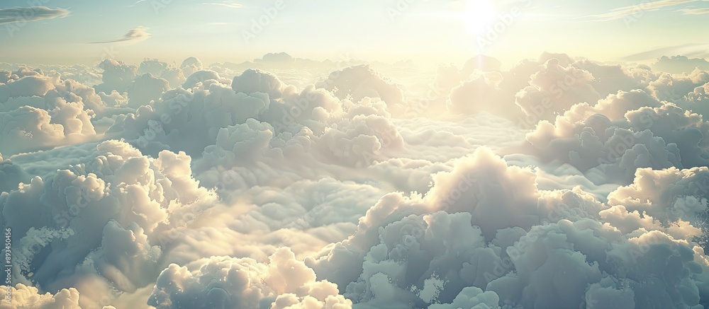 Poster a large expanse of sky filled with fluffy clouds the sun gently shining in the background providing 