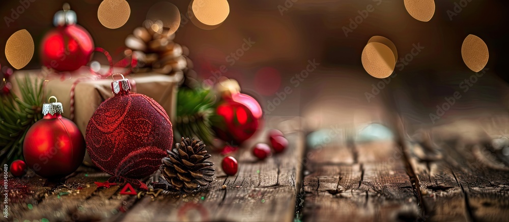Poster Christmas toys displayed on a rustic wooden surface with a background perfect for a copy space image