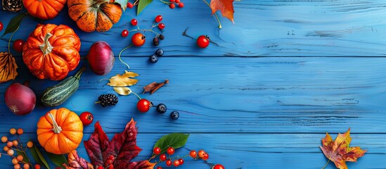 Thanksgiving day setting with autumn leaves berries and vegetables arranged on a blue wooden table creating a cozy atmosphere for a meal with copy space image