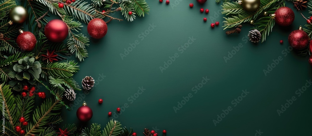 Poster cheerful christmas with various decorations on a green backdrop and ample copy space image available