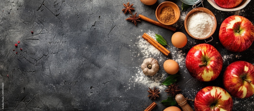 Poster fresh ingredients like apples cinnamon flour sugar and eggs for baking an apple pie displayed on a s