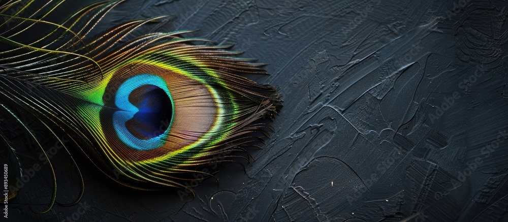 Poster high quality photo of a peacock feather on a black background providing copy space image