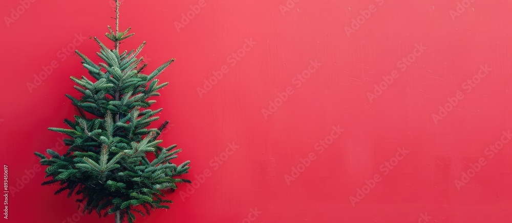 Aufkleber A Christmas tree is displayed against a red background in a minimalistic flat lay setting ideal for a New Year sale concept featuring ample copy space image