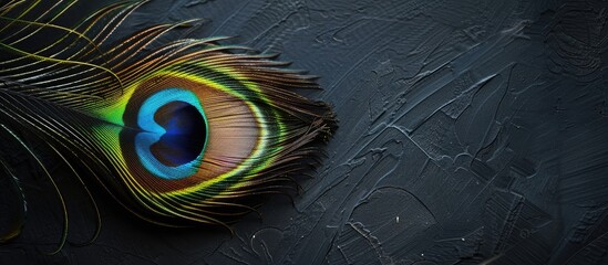 High quality photo of a peacock feather on a black background providing copy space image © vxnaghiyev