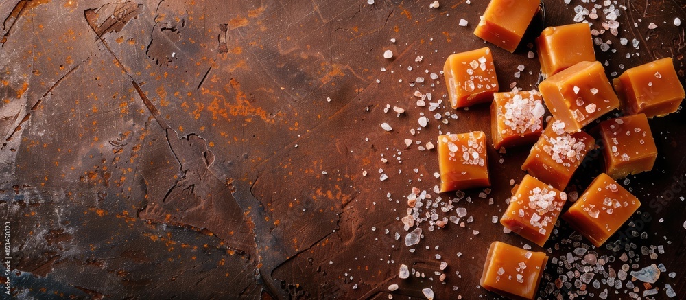 Leinwandbilder golden butterscotch toffee caramels and salted caramel pieces sprinkled with sea salt displayed on a