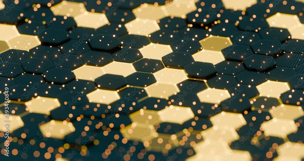 Poster abstract illuminated hexagonal pattern with golden accents and sparkling lights