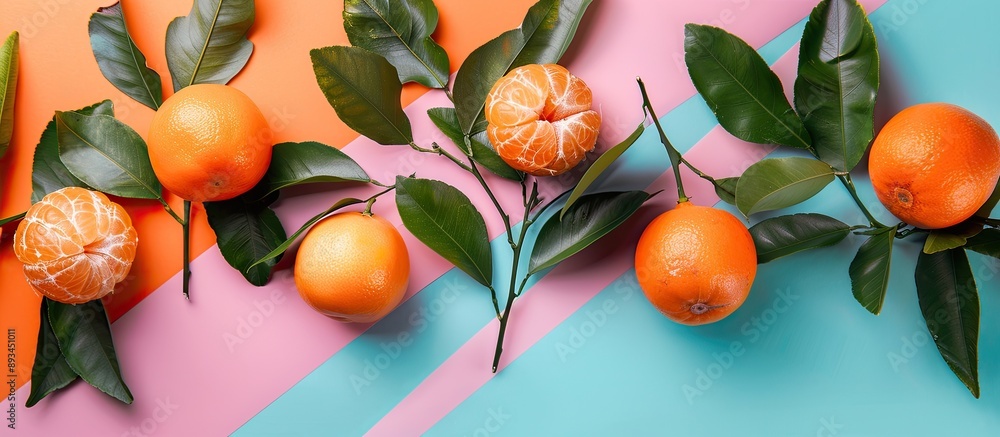 Poster flat lay composition featuring tangerines and leaves on a colorful background with copy space image 