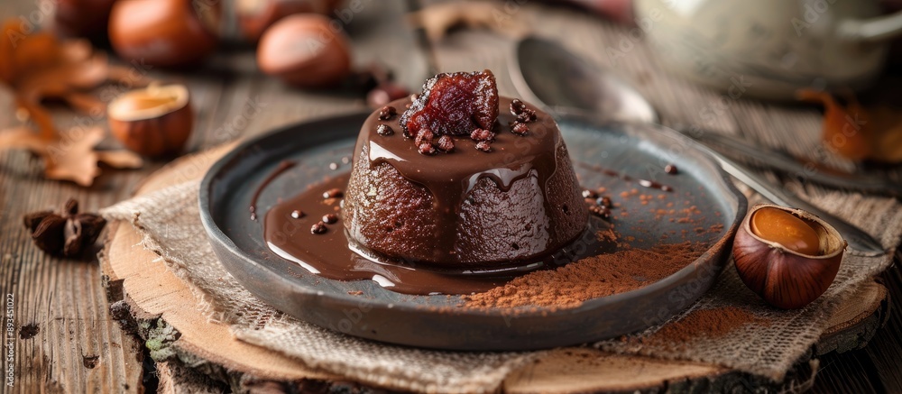 Poster chestnut pudding made at home with a rustic presentation and an inviting copy space image