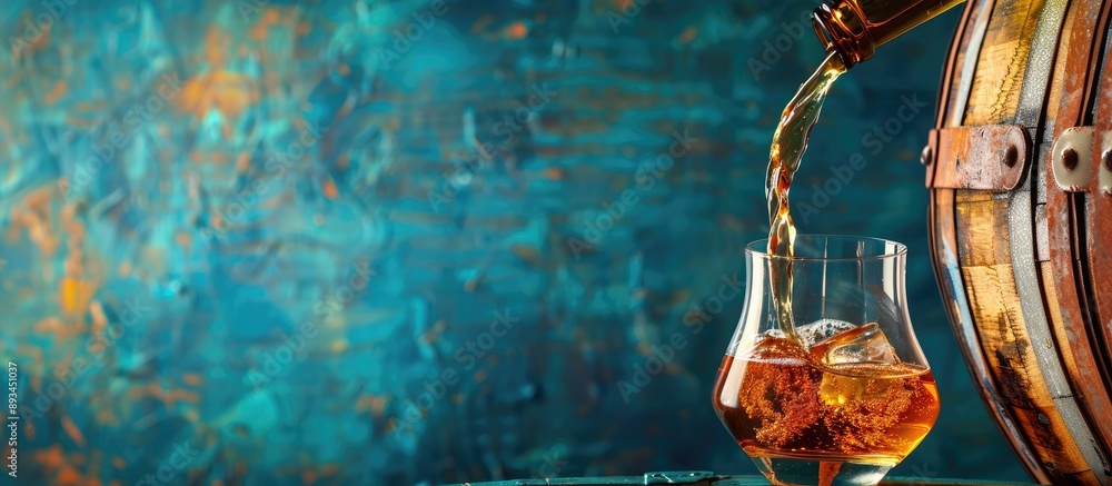 Poster whiskey being poured from a bottle into a glass on a wooden barrel with a blue background in a close