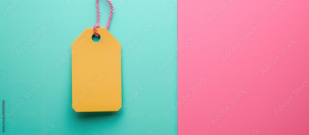 Poster Minimalistic flat lay composition featuring a blank price tag on a pastel background with ample copy space image