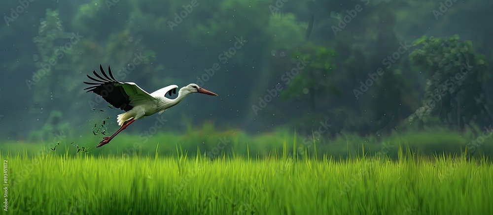 Poster a stork caught in the moment of a triumphant hunt on a lush green field perfect for a copy space ima
