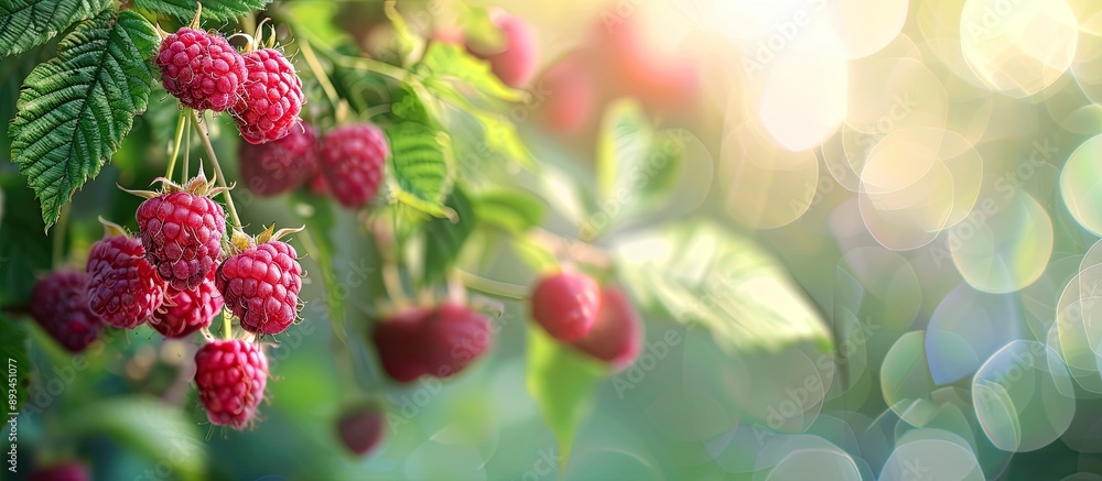 Leinwandbilder pink raspberry fruit on a branch with green summer garden backdrop and available copy space image