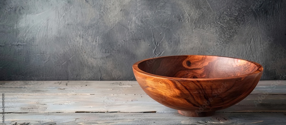 Aufkleber Rustic brown wooden bowl displayed on a gray wooden table with a simple classic look ideal for a copy space image