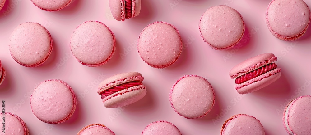 Aufkleber Pink macaroons displayed on a matching pink background create a sweet visually appealing image with a flat lay composition giving a clear view with room for text or additional elements