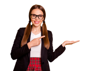 Portrait attractive nice teenager product promoter suggest pick eyewear eyeglasses white red outfit pullover sweater black jacket blazer decide choose advise ads intelligent isolated yellow background