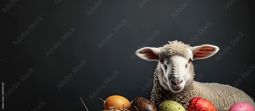 Aufkleber Happy Easter A festive Easter greeting card featuring sheep and eggs on a black background perfect for adding text and design with copy space image