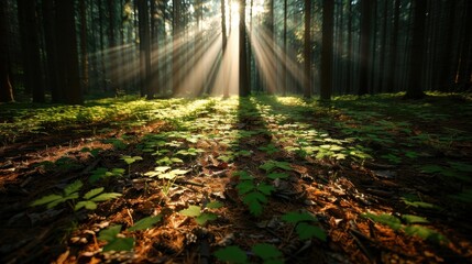 Fototapeta premium Sunrays pierce through a forest, creating a vibrant glow on the forest floor and illuminating young plants, capturing the beauty and serenity of nature's light and growth.