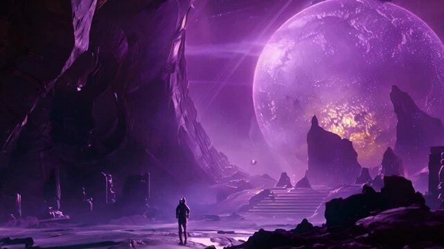 A lone figure walks across a desolate landscape towards a massive purple planet
