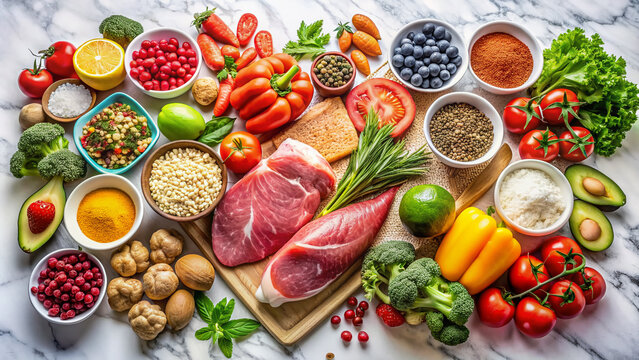 Fresh and nutritious food display on a white marble background showcases a variety of low FODMAP ingredients including meat, veggies, berries, fruits, and grains.